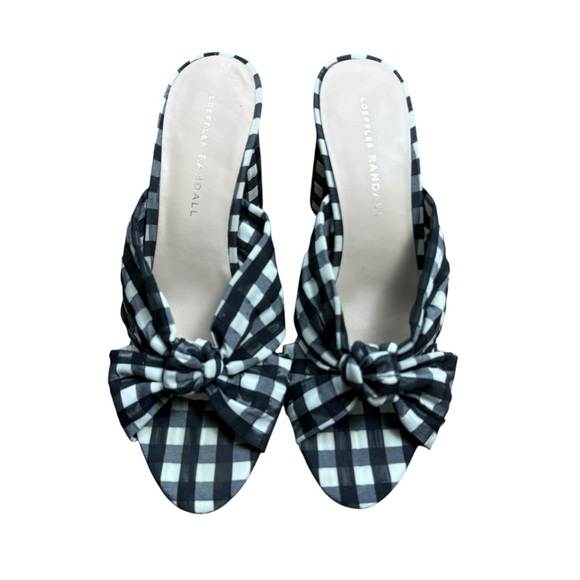 Loeffler Randall Gingham Bow Mule Heels Women’s 8B Black White Block Heel - Picture 2 of 7